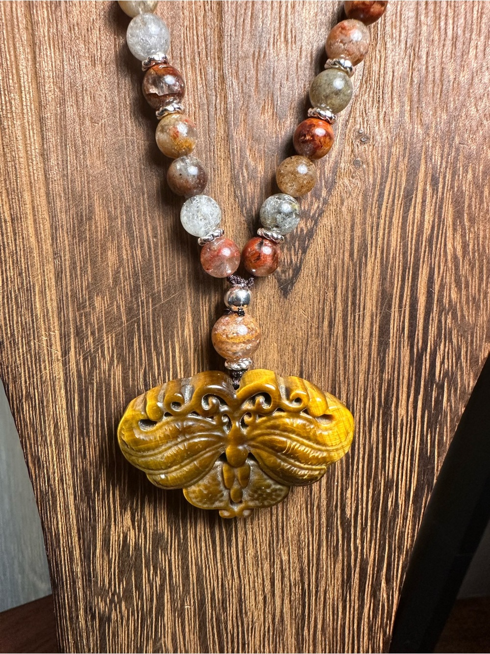 Tiger’s Eye Moth Pendant Necklace on Half Beaded Brown Adjustable Rope - Picture 2 of 15